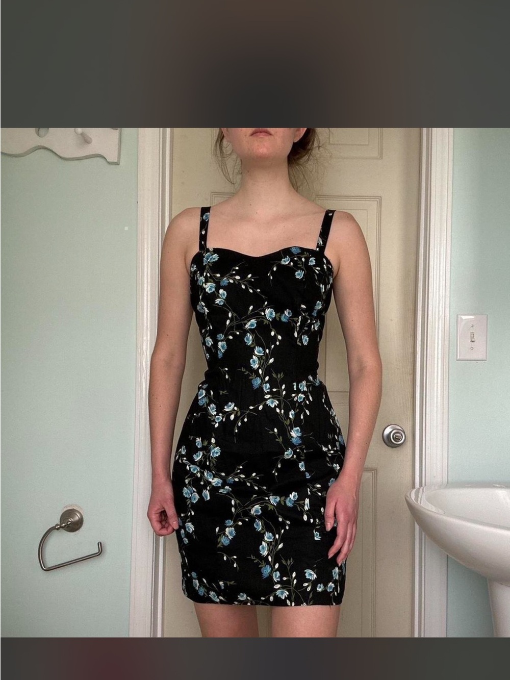 Black Floral Sweetheart Neck Mini Dress